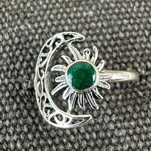 Green Emerald 925 Sterling Silver Sun and Moon Ring Celestial Boho‎ Sz 6.75